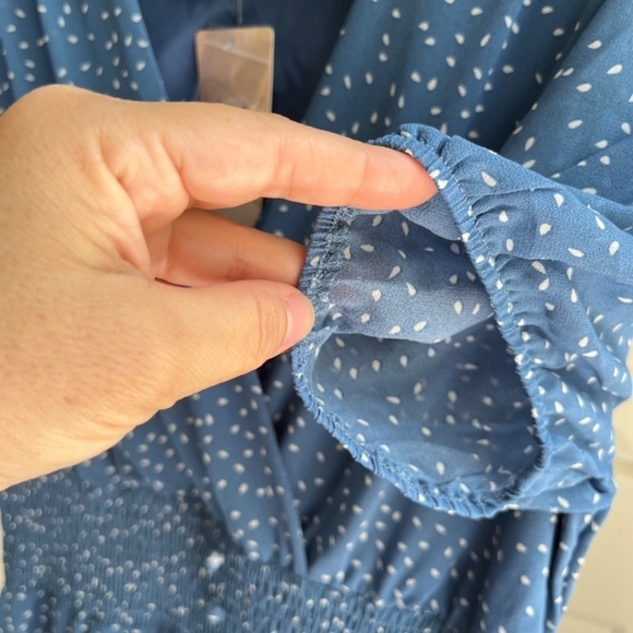 Fashion Blue V Neck Midi Sheer Lined Dress Elastic Waist Boho Chic, Size S - Picture 4 of 11